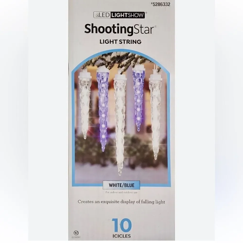 Gemmy Lightshow Shooting Star White/Blue LED Icicle Lights, 10 Icicles, New